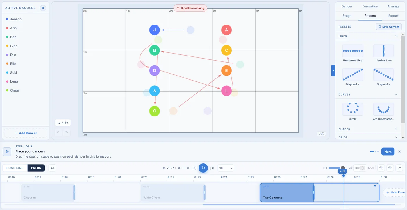 Coryo formation editor — dancer positions mapped on a scaled stage canvas.