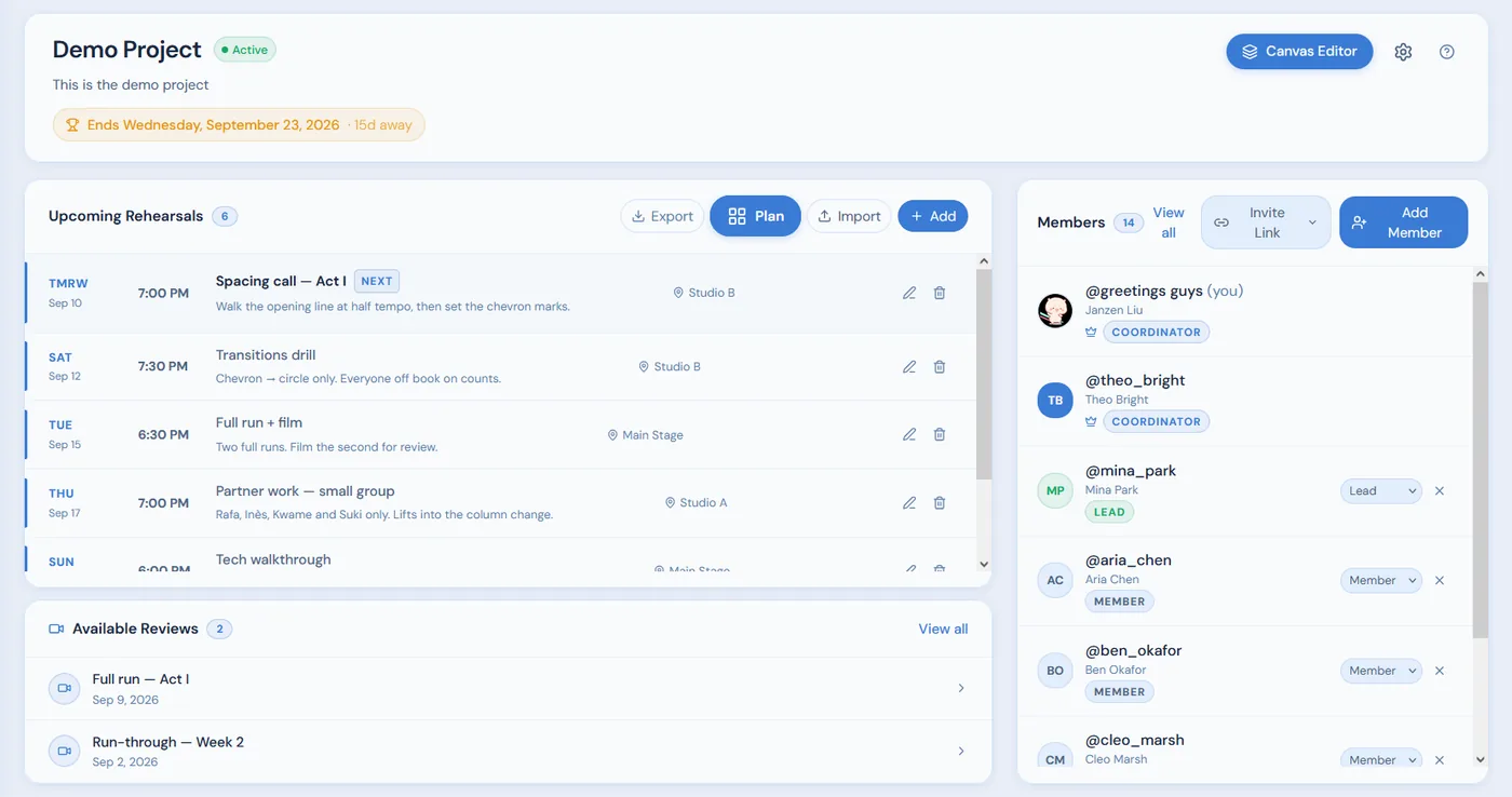 Coryo project hub — team members, roles, and project details in one workspace.