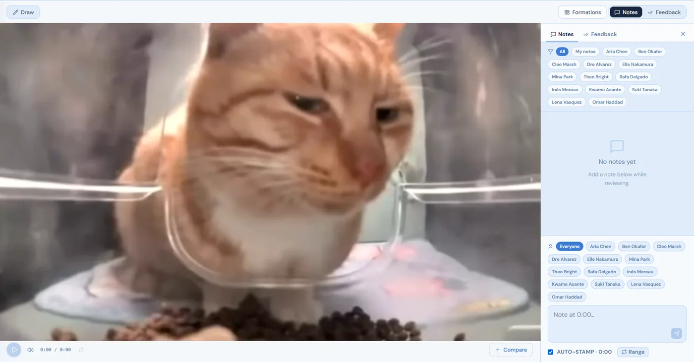 Coryo video review — run-through footage with timestamped comments and annotations.