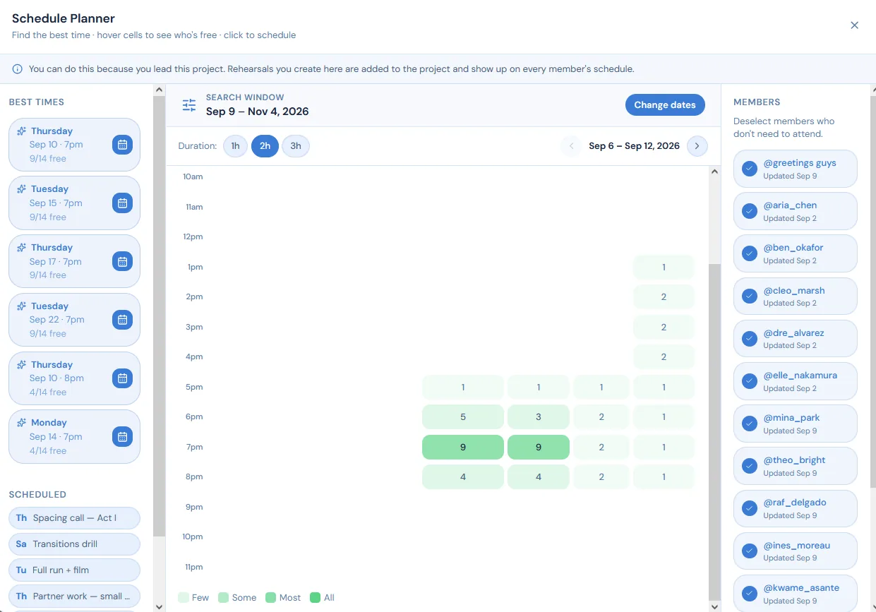 Coryo rehearsal scheduler — availability, practice times, and attendance in one calendar.